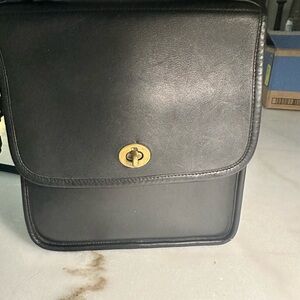 Laura Ashley Black Leather Messenger Bag with Gold-Tone Turn Lock